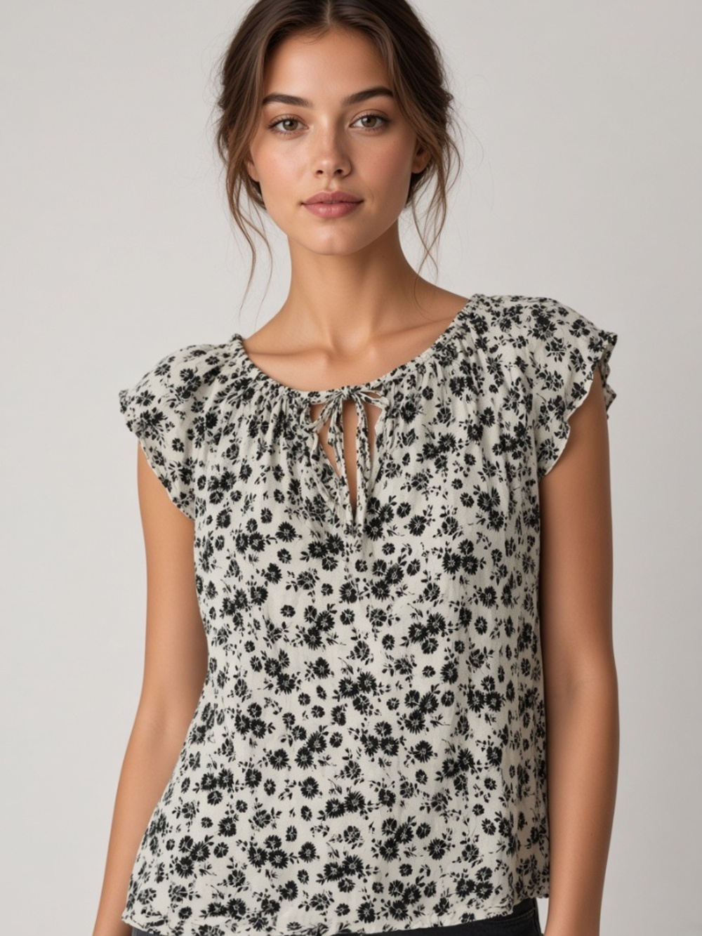 Woman's Gap Floral Cap Sleeve Tie-Neck Blouse Size Large